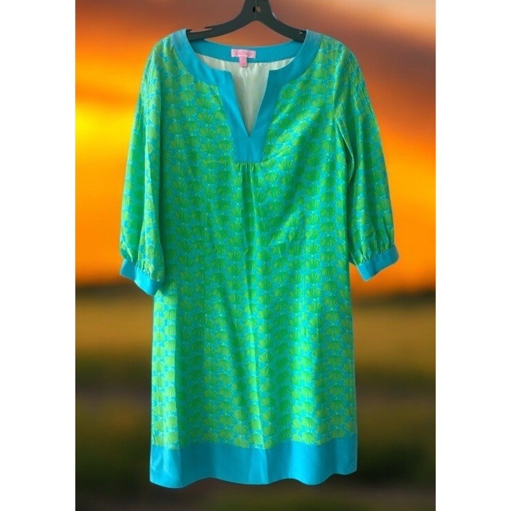 Lilly Pulitzer‎ Anya Turquoise First Class Border Belted Silk Tunic Dress 2 $298